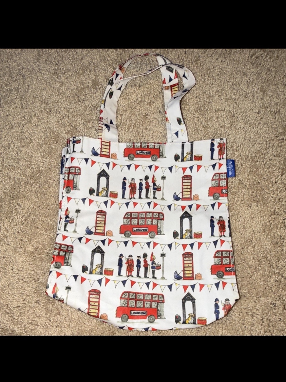 Milly Green London Print Tote Bag Zip Closure Inner Pockets White Red Blue